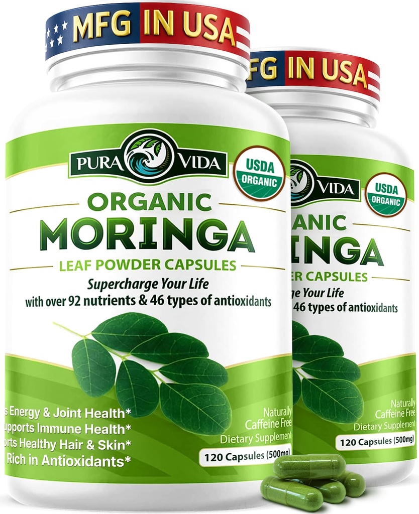 PURA VIDA MORINGA Κάψουλες Ενιαίας Προέλευσης Οργανική σκόνη Moringa. Moringa Leaf. Ενέργεια, Μεταβολισμός, & Ανοσολογική Υποστήριξη. 120ct. 500mg Caps. (Συσκευασία του 2)