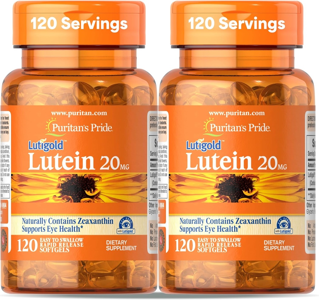 Puritan's Pride Premium Lutigold Lutein Carotenoid 20mg με Zeaxanthin για άνδρες και γυναίκες, Συμπλήρωμα διατροφής για την υποστήριξη της υγείας των ματιών, 8μηνη προσφορά, 120 Easy-to-Swallow Softgels, 2 Pack