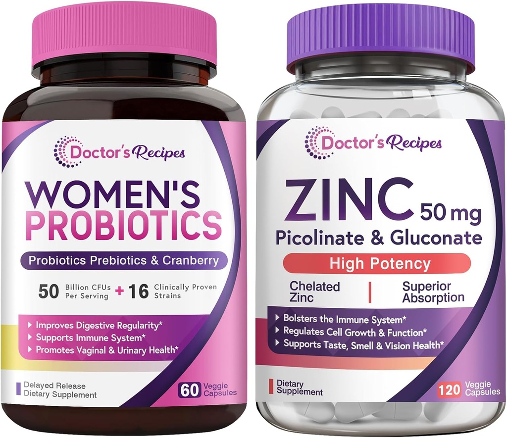 Doctor's Recipes Γυναικεία Probiotic & Zinc Bundle, Digestive, Κολπική & ουρική υγεία, φυσική ανοσοάμυνα, καθυστερημένη απελευθέρωση Probiotic κάψουλες 60ct & κάψουλες ψευδάργυρου 120 ct