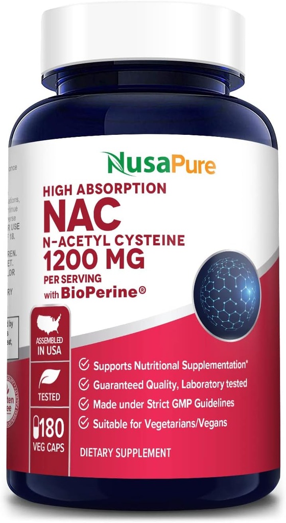 NusaPure N-Ακετυλοκυστεΐνη (NAC) 1200mg 180 Veggie Caps (Χορτοφάγα, μη ΓΤΟ, Χωρίς γλουτένη) Βιοπερίνη