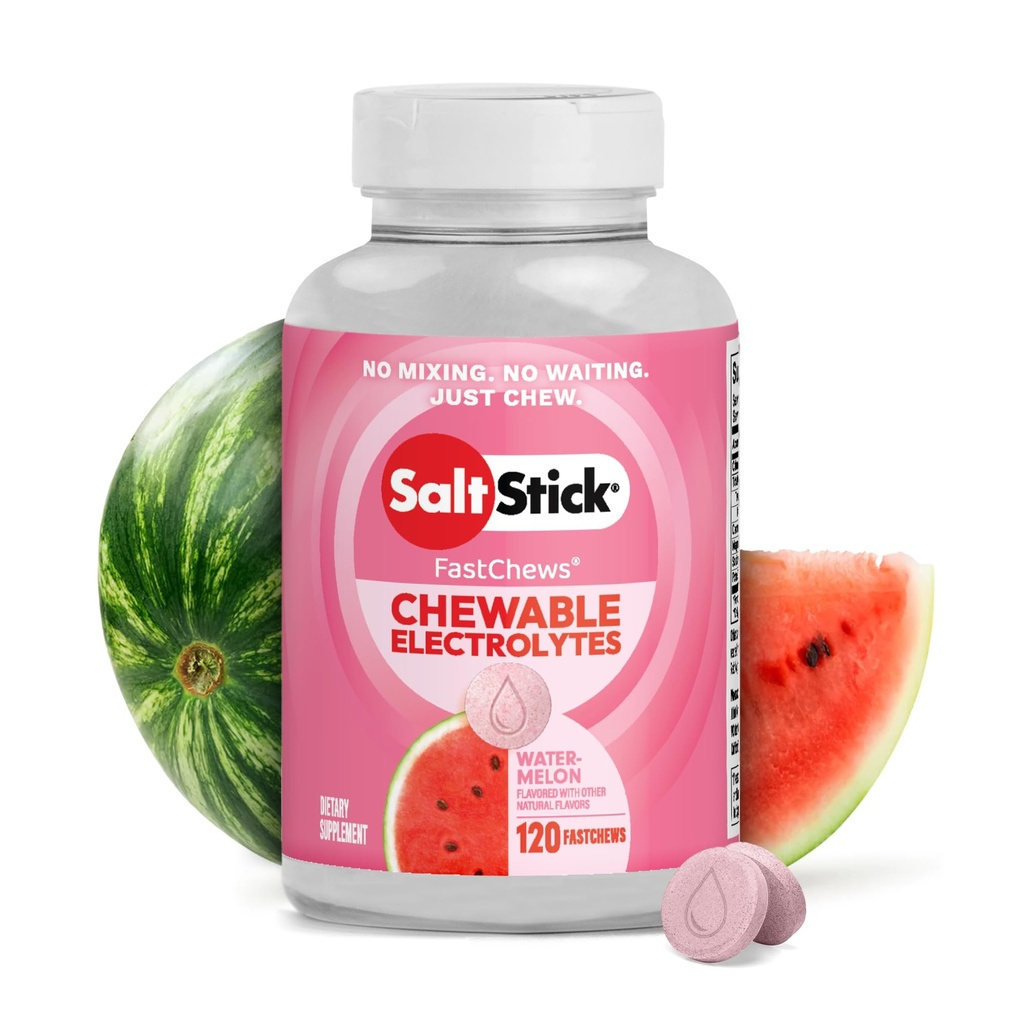 Αλάτι Stick Electrolyte FastChews - 120 Καρπούζι Μασώμενα Ηλεκτρόλυτα - Δισκία Αλάτι για Τρέξιμο και Ενυδάτωση, Μάσημα Ηλεκτρολυτών - 120 Count