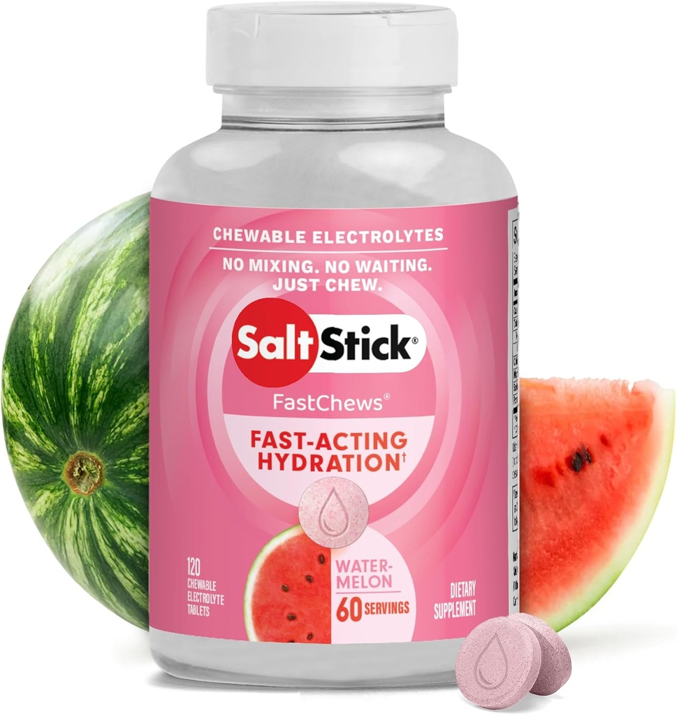 SaltStick Electrolyte FastChews - 120 Watermelon Chewable Electrolytes - Salt Tablets for Running and Hydration, Electrolyte Chews - 120 Count