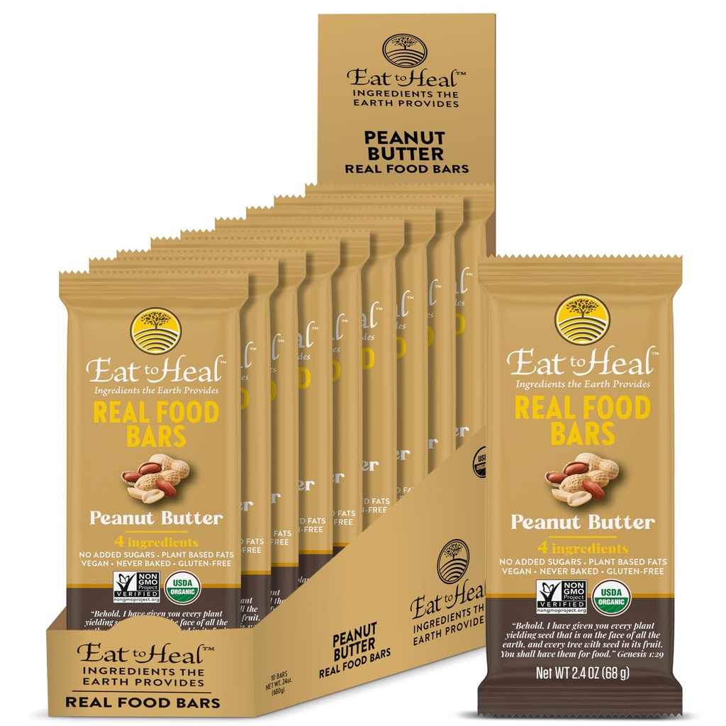 EatToHeal Φυστικοβούτυρο Real Food Bar - Organic Vegan Healthy High Protein Bars - Χαμηλή αντικατάσταση γεύματος ζάχαρης, μη ΓΤΟ, Ποτέ δεν ψήθηκε, Plant Based, Gluten Free - Crafted to Enjoy, Not Sit on Shelves