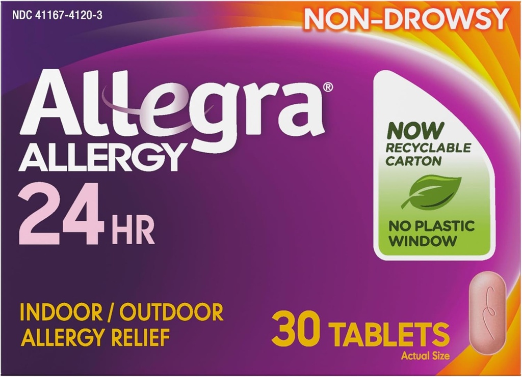 Allegra Adult 24HR Non-Drowsy Antihistamine, 30 Tablets, Fast-Acting Allergy Symptom Relief, 180 mg