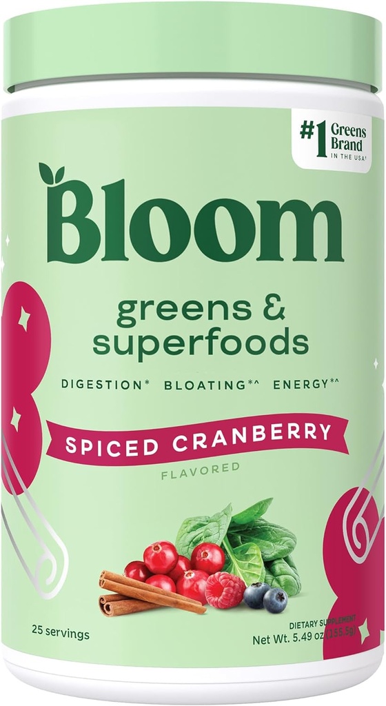Bloom Nutrition Superfood Greens Powder, Digestive Enzymes με Προβιοτικά και Πρεβιοτικά, Gut Health, Bloating Relief for Women, Chlorella, Green Juice Mix with Beet Root, 25 SVG, Spiced Cranberry