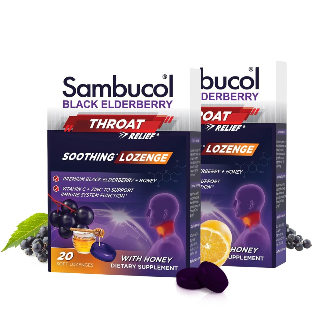 Sambucol Black Elderberry Throat Lozenge - με μέλι, βιταμίνη C & ψευδάργυρο, Elderberry Lozenges Sore Lroat & Cough, Soothes Scratchy Throat, Soft & Chewy - 2 Pack (40 Σύνολο Παστίλιες)