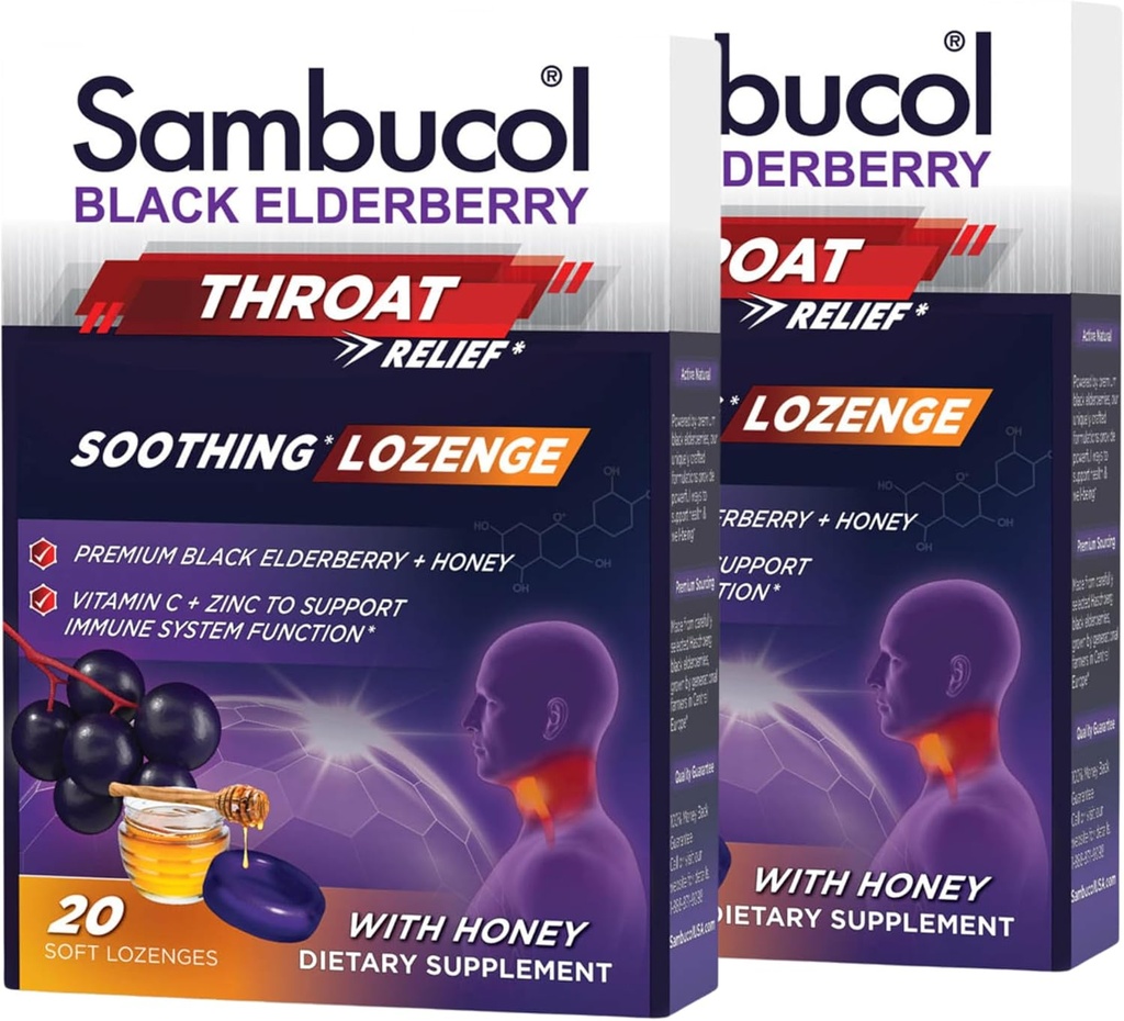 Sambucol Black Elderberry Throat Lozenge - με μέλι, βιταμίνη C & ψευδάργυρο, Elderberry Lozenges Sore Lroat & Cough, Soothes Scratchy Throat, Soft & Chewy - 2 Pack (40 Σύνολο Παστίλιες)