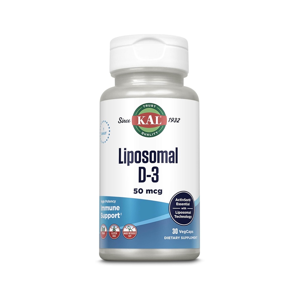 KAL Λιποσωμική βιταμίνη D3 50 mcg, Υψηλή Απορρόφηση Βιταμίνη D, Λιποσωμική Τεχνολογία, Υψηλή Ικανότητα Ανοσολογική Υποστήριξη, Κάψουλες Vegan, Χωρίς Γλουτένη, Χωρίς Σόγια, 30 Υπηρεσίες