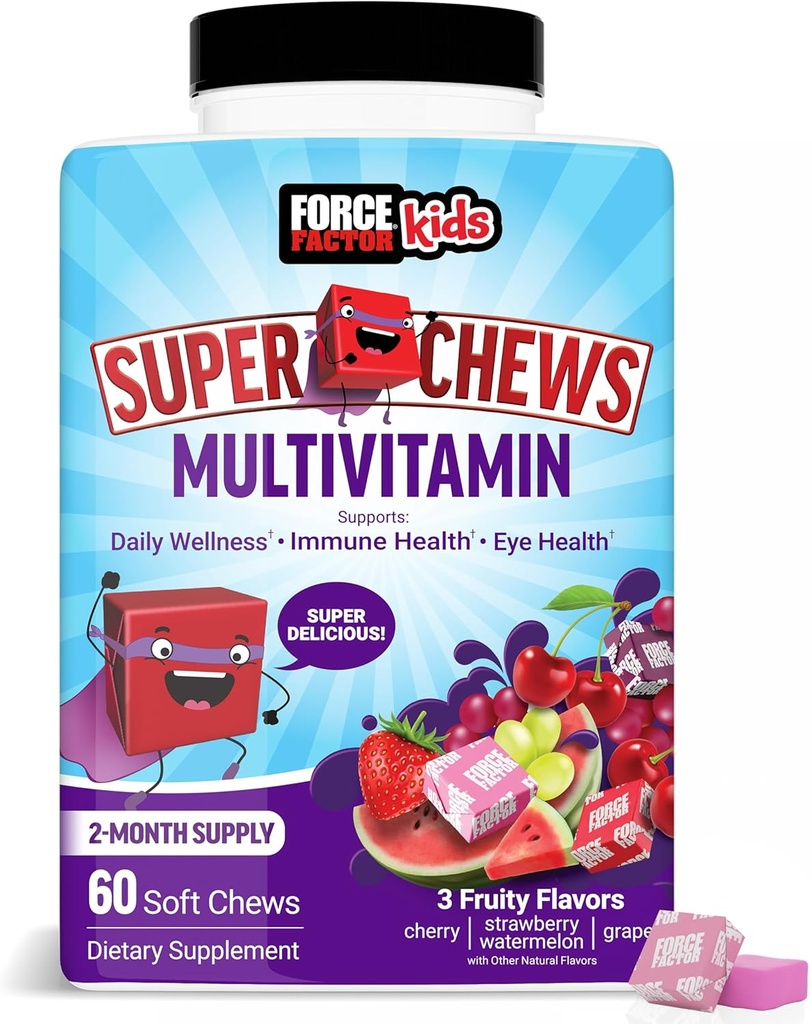 Power Factor Kids Multivitamin Super Chews, Παιδικές Βιταμίνες για την υποστήριξη της ευεξίας, της ανοσοποιητικής υγείας, της υγείας των ματιών, & More με 18 Βιταμίνες, Ορυκτά, & Αντιοξειδωτικά, 2-Month Supply, Multi-Flavor, 60 Μαλακά Μασούρια