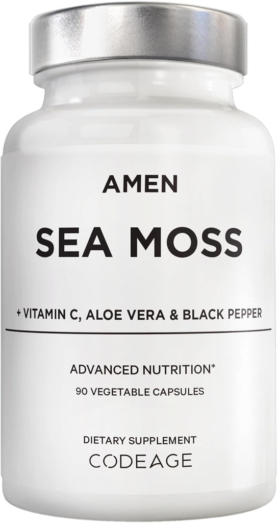 Amen Sea Moss Supplement - 1000mg Βιολογικό Ιρλανδικό Moss, Bladderwrack, Burdock - Βιταμίνη C, Αλόη Βέρα, Μαύρο Πιπέρι - Θαλάσσια φύκια Superfood, Βιταμίνες, Ορυκτά και Αντιοξειδωτικά - Μη ΓΤΟ - 90 Κάψουλες
