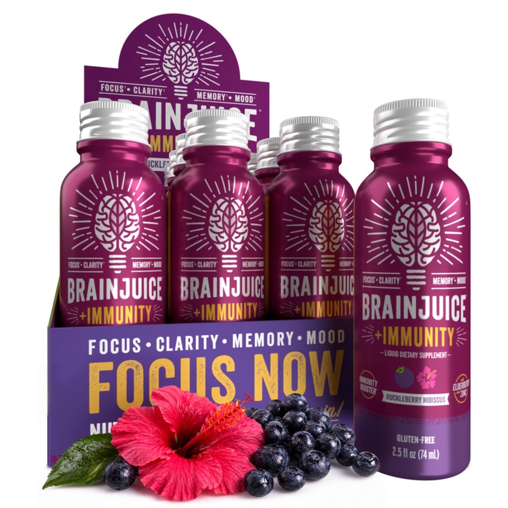 BrainJuice Brain and Immune Support Shot, Gluten Free Supplement Shots for Energy, Focus, Immunity with Vitamin D, C B, Alpha GPC & Organic Ginger Root, Huckleberry Hibiscus, 2,5 fl oz, 12 Pack