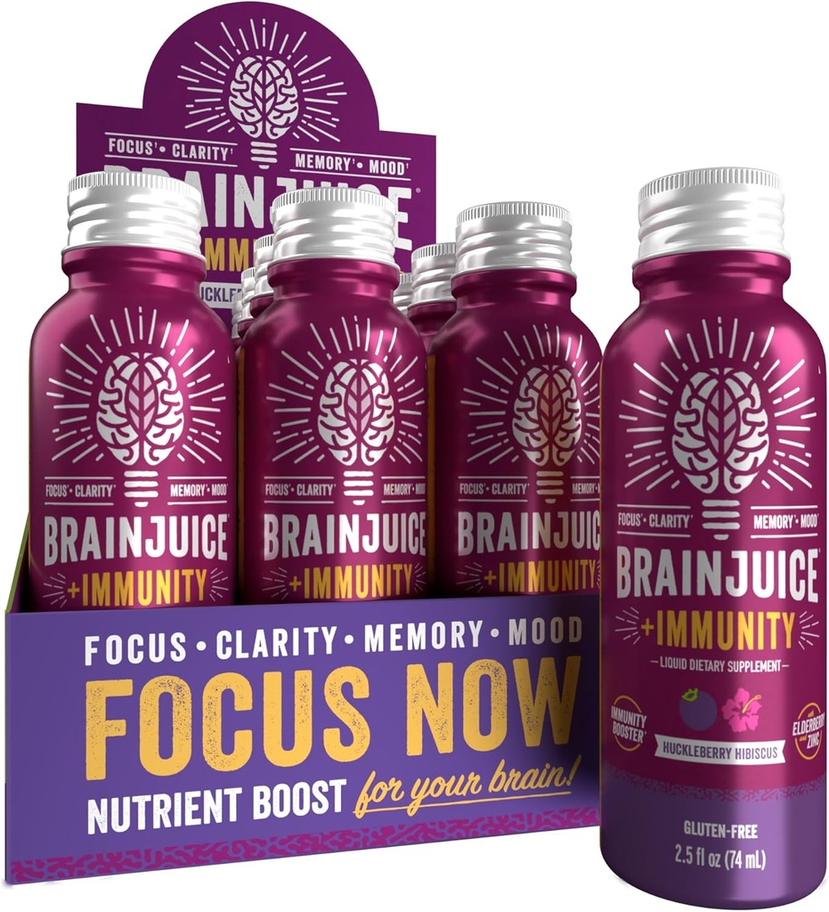BrainJuice Brain and Immune Support Shot, Gluten Free Supplement Shots for Energy, Focus, Immunity with Vitamin D, C B, Alpha GPC & Organic Ginger Root, Huckleberry Hibiscus, 2,5 fl oz, 12 Pack