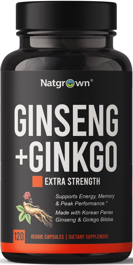 Natgrowed Panax Ginseng & Ginkgo Biloba συμπλήρωμα - Red Korean Ginseng & Ginko Biloba κάψουλες για άνδρες & γυναίκες - Υποστηρίζει τη μνήμη εστίασης & λειτουργία του εγκεφάλου - Vegan χάπια - 120 κόμης