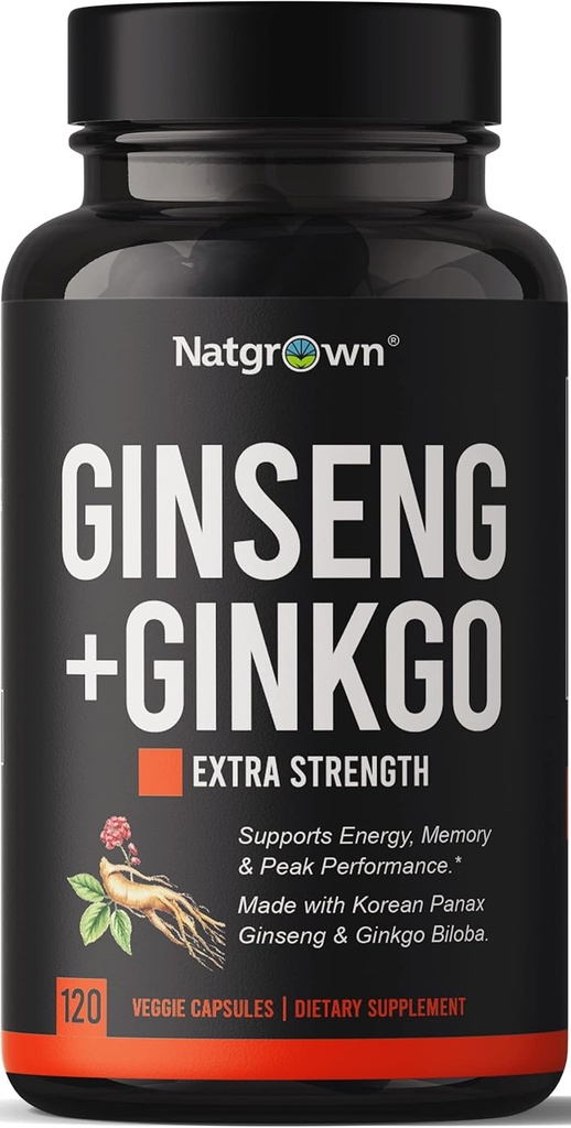 Natgrown Panax Ginseng & Ginkgo Biloba Supplement - Red Korean Ginseng & Ginko Biloba Capsules for Men & Women - Supports Memory Focus & Brain Function - Vegan Pills - 120 Count