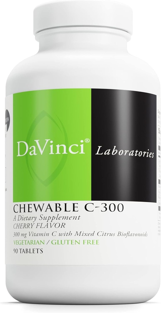 DaVinci Labs Chewable C-300 - Συμπλήρωμα βιταμίνης C για την υποστήριξη της ανοσοποιητικής υγείας, χοληστερόλης και κολλαγόνου Παραγωγής - Με Βιταμίνη C, Πεκτίνη και Περισσότερα - Χωρίς γλουτένη - Cherry Flavor - 90 χορτοφαγικά δισκία