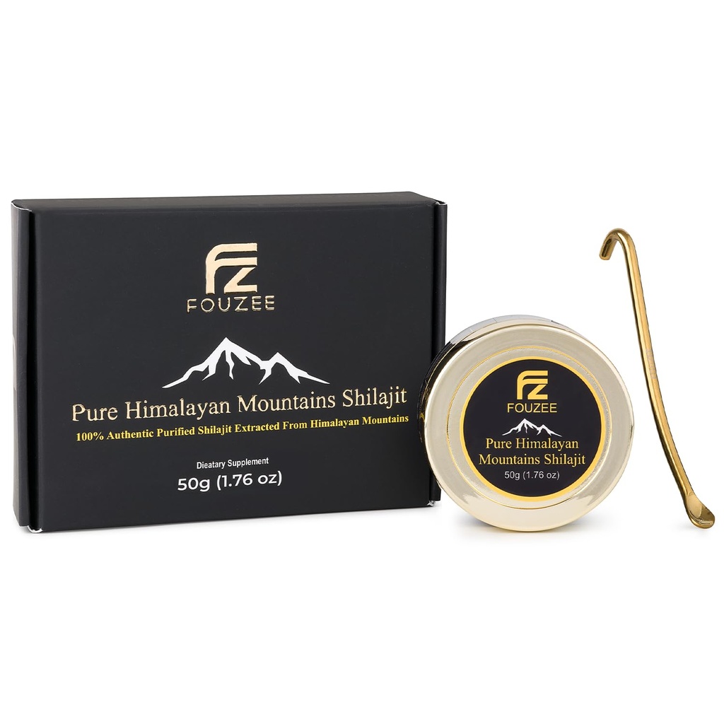 FOUZEE Pure Himalayan Mountains Shilajit - 77% + Fulvic Acid Authentic Hard Consistency, Natural Source of Fulvic Acid, Πάνω από 85 Trace Minerals, Περιλαμβάνει ανοξείδωτο κουτάλι (50 γραμμάρια)