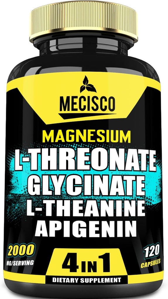 2000mg Θρεονικό μαγνήσιο L συμπλήρωμα με γλυκινικό μαγνήσιο, L-Θεανίνη & Apigenin - Θετική διάθεση, Εγκεφαλική υγεία, Δυνατότητα να θυμόμαστε & μυϊκή ανάπτυξη Υποστήριξη - 120 κάψουλες