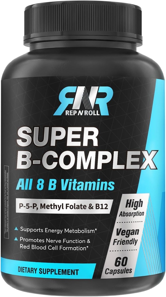 Super B Complex, 8 Bioactive B Vitamins, with Methyl Folate, Methyl B12, P-5-P (Vitamin B6), D-Biotin, Niacinamide, High Absorption, Non GMO, Energy Production Support, 60 Vegan Caps