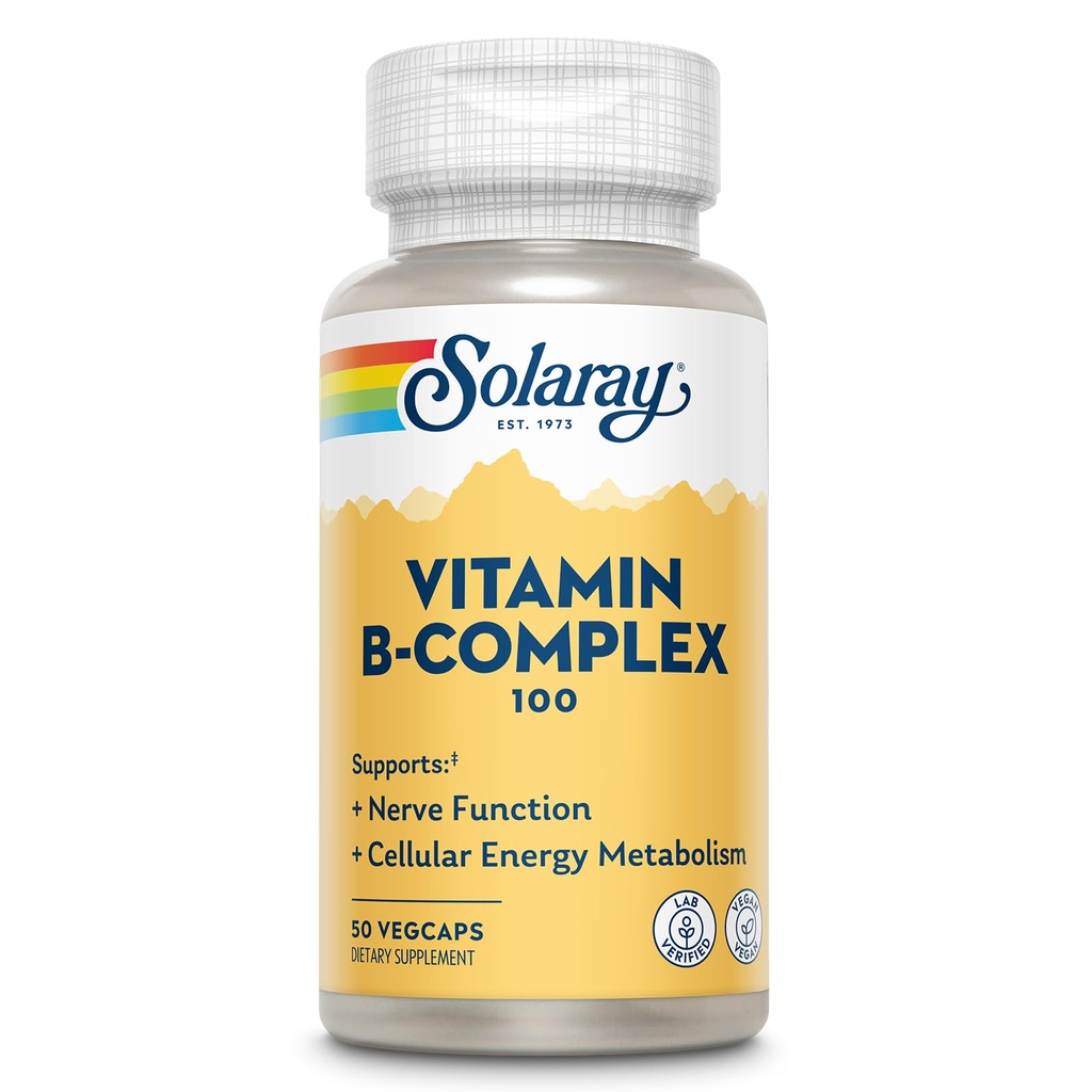 SOLARAY Vitamin B Complex 100mg - Cellular Energy, Nerve and Heart Health Support - Supplies All 8 B Complex Vitamins - Vitamin B12, B1, B2, B3, B6, Niacin, Folic Acid and Biotin - Vegan, 50 Servings