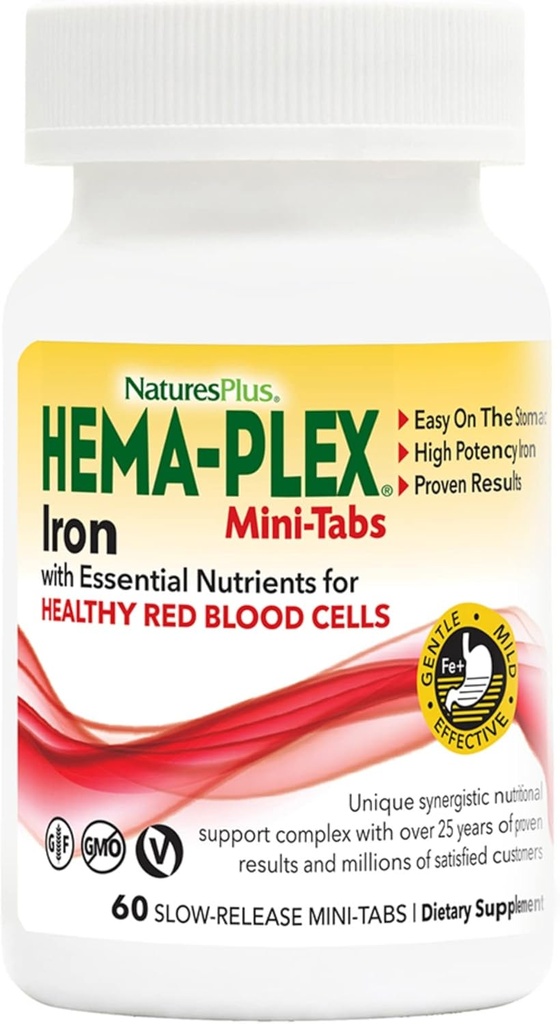 NaturesPlus Hema-Plex Iron - 60 Slow- Release Mini-Tabs - 85 mg Chelated Iron - Ολική Υγεία του Αίματος - με Βιταμίνη C & Bioflavonoids - Vegan, Χωρίς Γλουτένη - 30 Σερβιέτες