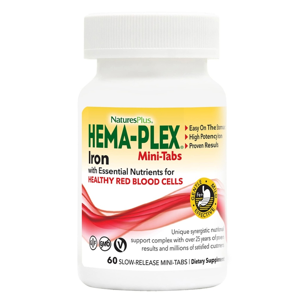 NaturesPlus Hema-Plex Iron - 60 Slow- Release Mini-Tabs - 85 mg Chelated Iron - Ολική Υγεία του Αίματος - με Βιταμίνη C & Bioflavonoids - Vegan, Χωρίς Γλουτένη - 30 Σερβιέτες