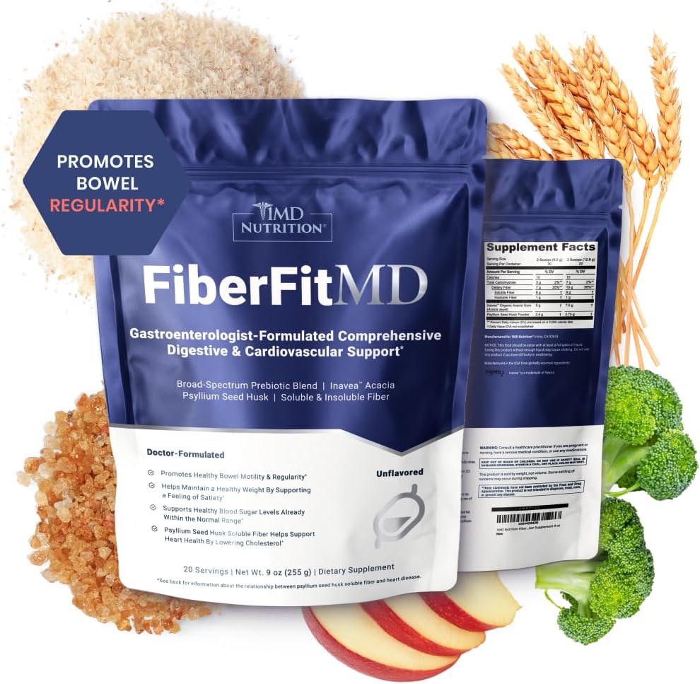 1MD Διατροφή FiberFitMD - για Poent Digestive & Καρδιαγγειακή Υποστήριξη - Συμπλήρωμα υγείας για γυναίκες & άνδρες - Υψηλή Fiber σκόνη - 30 ημέρες