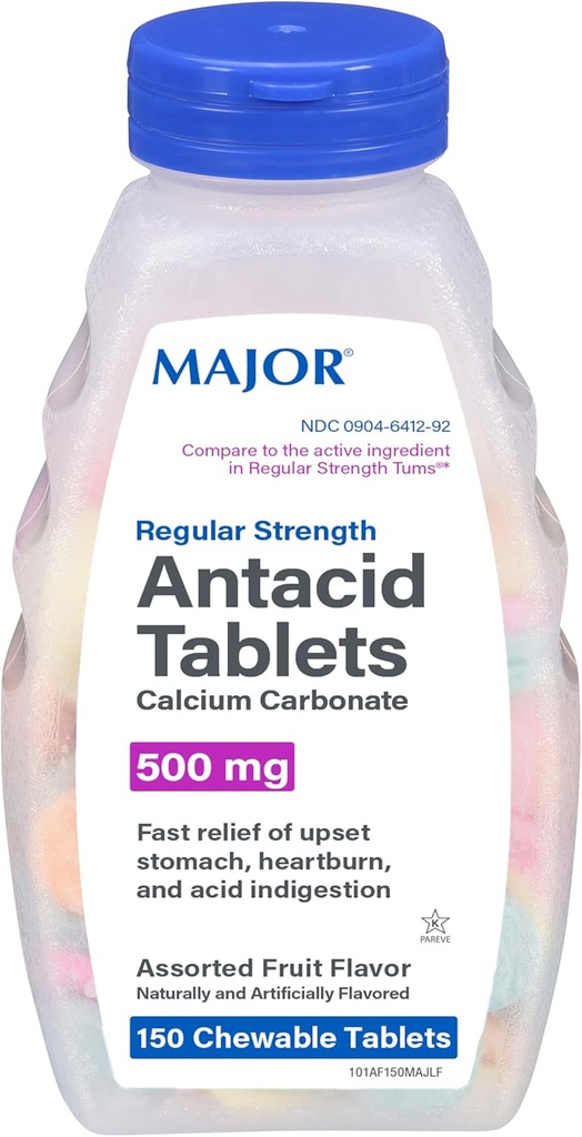 Major Regular Strength Αντιόξινα δισκία - Ασβέστιο Ανθρακικό 500 mg - Ποικιλία Φρούτων Γεύση - 150 Μασώμενος Αριθμός (1 Συσκευασία)