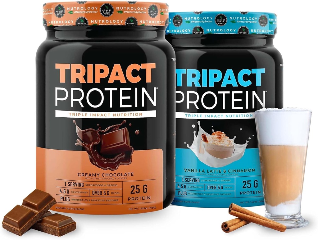 Nutrology TRIPACT Protein - Premium Nutrition Shake - Μη ΓΤΟ Grass Fed Whey Protein, Plant Proteins, Greens,Superfoods & Probiotics - 5g BCAAs - Κρέμα σοκολάτας & VanillaLatte w/Cinnamon 1.5lb Κάθε