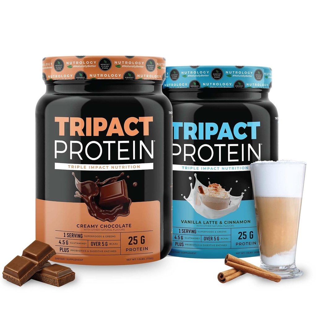 Nutrology TRIPACT Protein - Premium Nutrition Shake - Μη ΓΤΟ Grass Fed Whey Protein, Plant Proteins, Greens,Superfoods & Probiotics - 5g BCAAs - Κρέμα σοκολάτας & VanillaLatte w/Cinnamon 1.5lb Κάθε