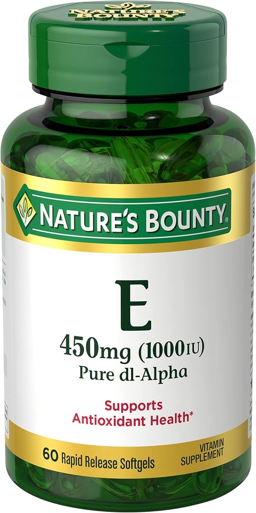 Nature's Bounty Vitamin E 1000 IU Softgels, Υποστηρίζει Αντιοξειδωτική Υγεία & ανοσοποιητικό σύστημα, 1 Υπηρεσία ανά ημέρα, Χωρίς Γλουτένη, 60 Softgels (πακέτο του 1)