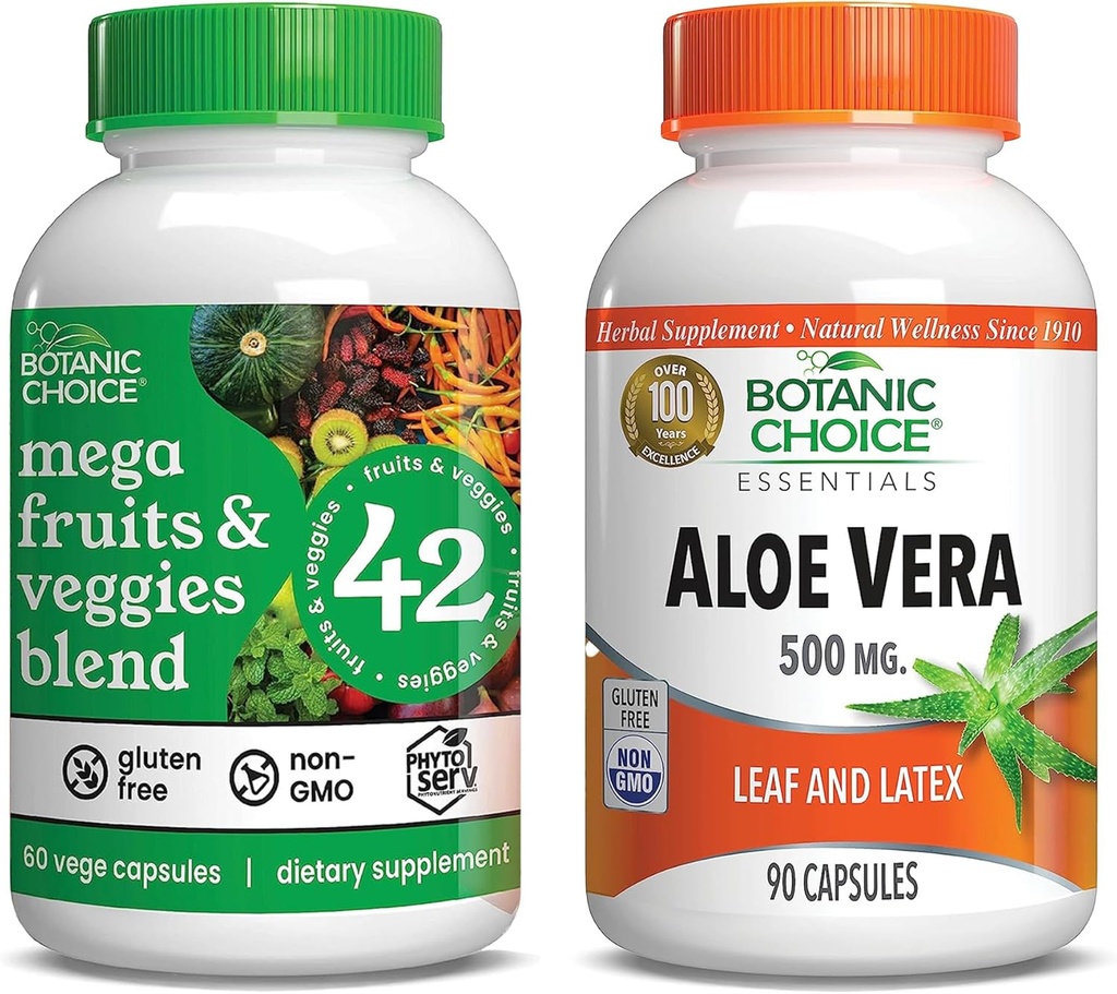 Βοτανική επιλογή Mega Fruits and Veggies Blend (60 κάψουλες) + Aloe Vera (90 κάψουλες) Bundle - Energy Balance & Superfood Supplement + Digestive Health Support