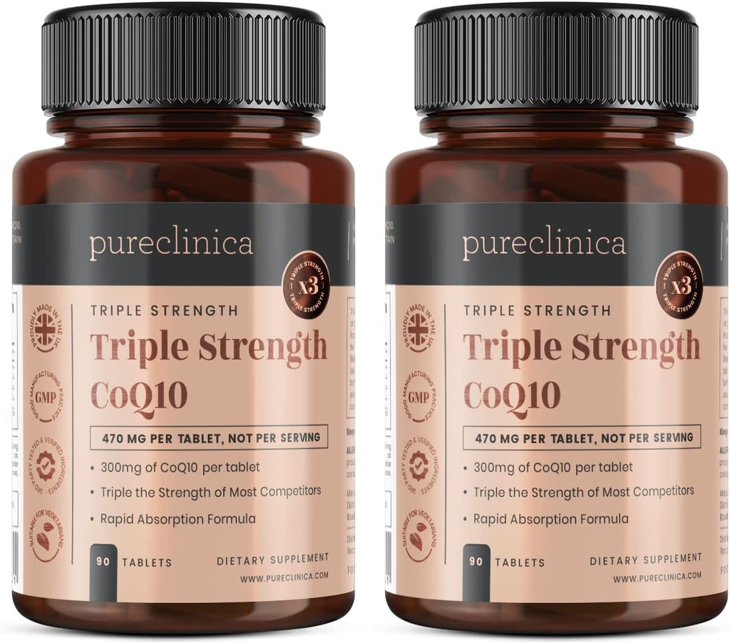 Pureclinica Fermented CoQ10 300mg x 180 δισκία (2 φιάλες των 90 δισκίων) - 6 μήνες προσφοράς. Μη ΓΤΟ, βαθμός USP. με προσθήκη βιταμίνης C & Black Pepper Extract για απορρόφηση.