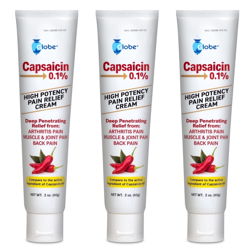 Globe (3 Pack) Capsaicin 0.1% High Potency Pain Relief Cream, Unscented (2 oz) Deep Penetrating Relief from: Arthritis, Muscle, Joint and Back Pain