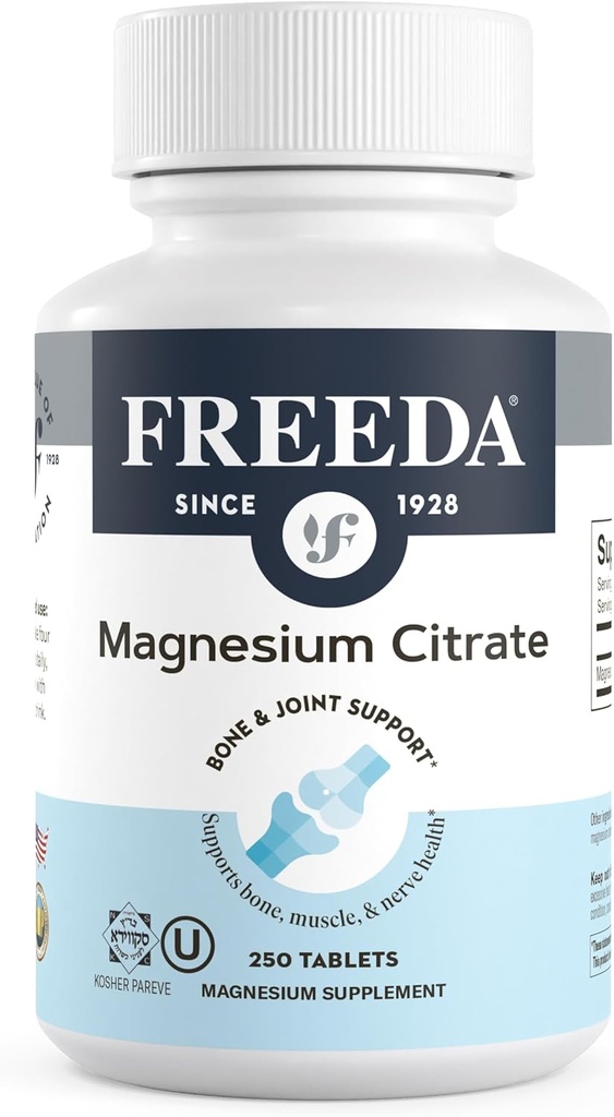 Freeda Magnesium Citrate 400mg Per Serving - High-Absorption Magnesium Citrate Tablets - Essential Mineral for Nerve & Bone Health - Vegan, Kosher, Gluten-Free Magnesium Supplement (250 Ct)