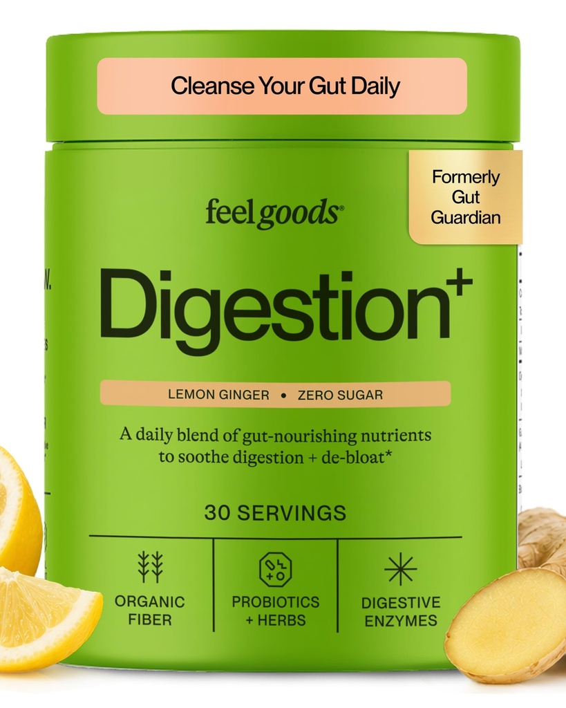 Feel Goods Gut Guardian, Organic Fiber, Probiotic & Prebiotic Powder, Sugar Free, Herbs for Bloat, Gut Health Support, Digestive Health for Men & Women, Non GMO, Vegan, Lemon Ginger, 30 Υπηρεσίες