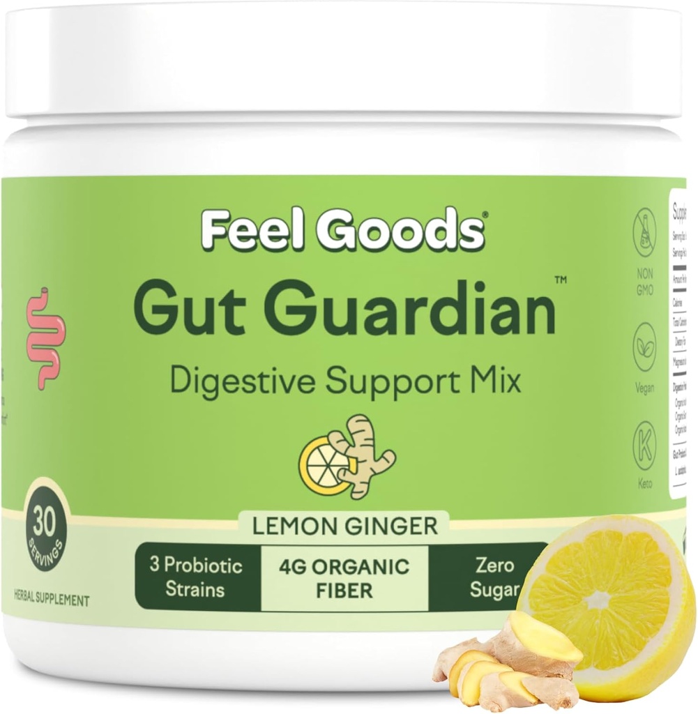 Feel Goods Gut Guardian, Organic Fiber, Probiotic & Prebiotic Powder, Sugar Free, Herbs for Bloat, Gut Health Support, Digestive Health for Men & Women, Non GMO, Vegan, Lemon Ginger, 30 Υπηρεσίες