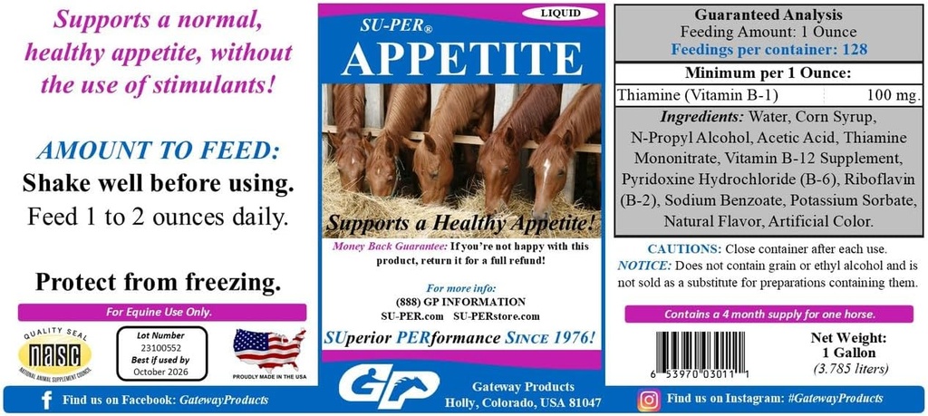 SU-PER Συμπλήρωμα όρεξης για άλογα - Equine Appetite Booster Liquid Feed Supplement - Βιταμίνη Υποστήριξη για Υγιή Όρεξη - 1 Gallon, 4 Μήνες Προσφορά