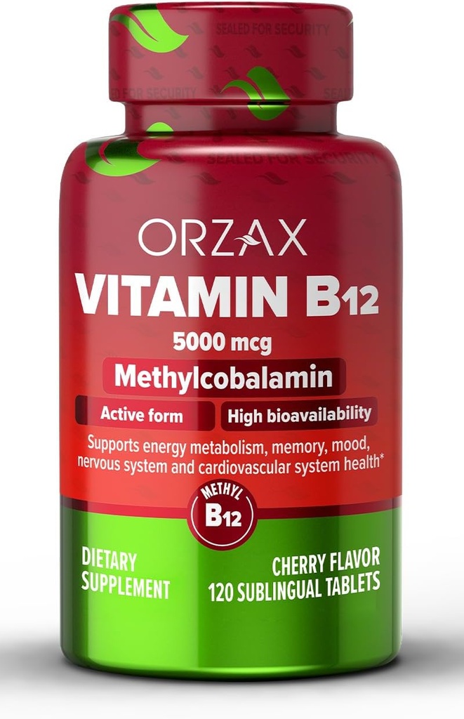 ORZAX Βιταμίνη B12 5000 mcg Μεθυλοκοβαλαμίνη για Μνήμη, Mood, Λειτουργία των κυττάρων του αίματος, Καρδιαγγειακό και Ενεργειακό Συμπλήρωμα - Κεράσι Γεύση - Vegan & Μη ΓΤΟ - 120 Υπογλώσσια Δισκία - 120 Ημέρα προσφοράς