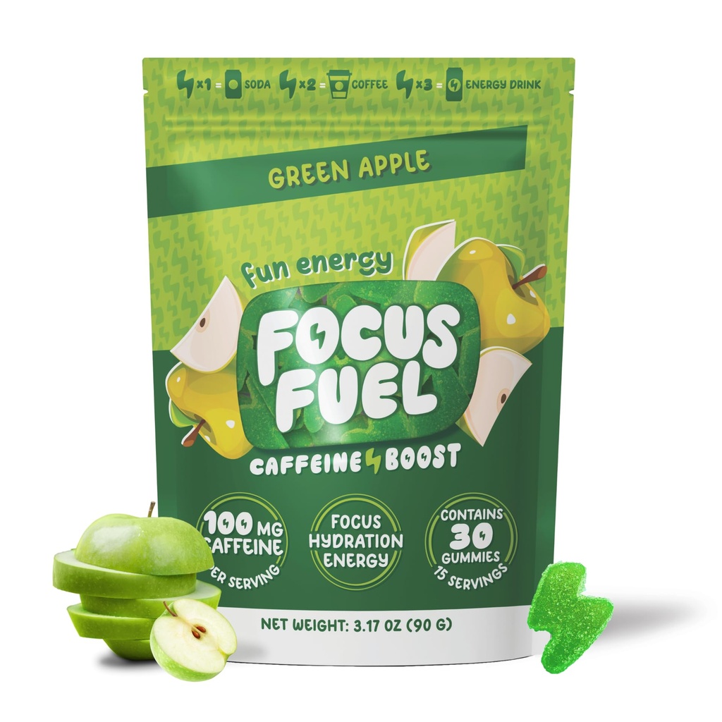 FocusFuel Energy Chews – Green Apple Flavor (15 μερίδες) – 100mg καφεΐνη + B12, Μαγνήσιο, Alpha GPC – Ενισχύστε Focus & Energy – Χωρίς σύγκρουση ή Jitters