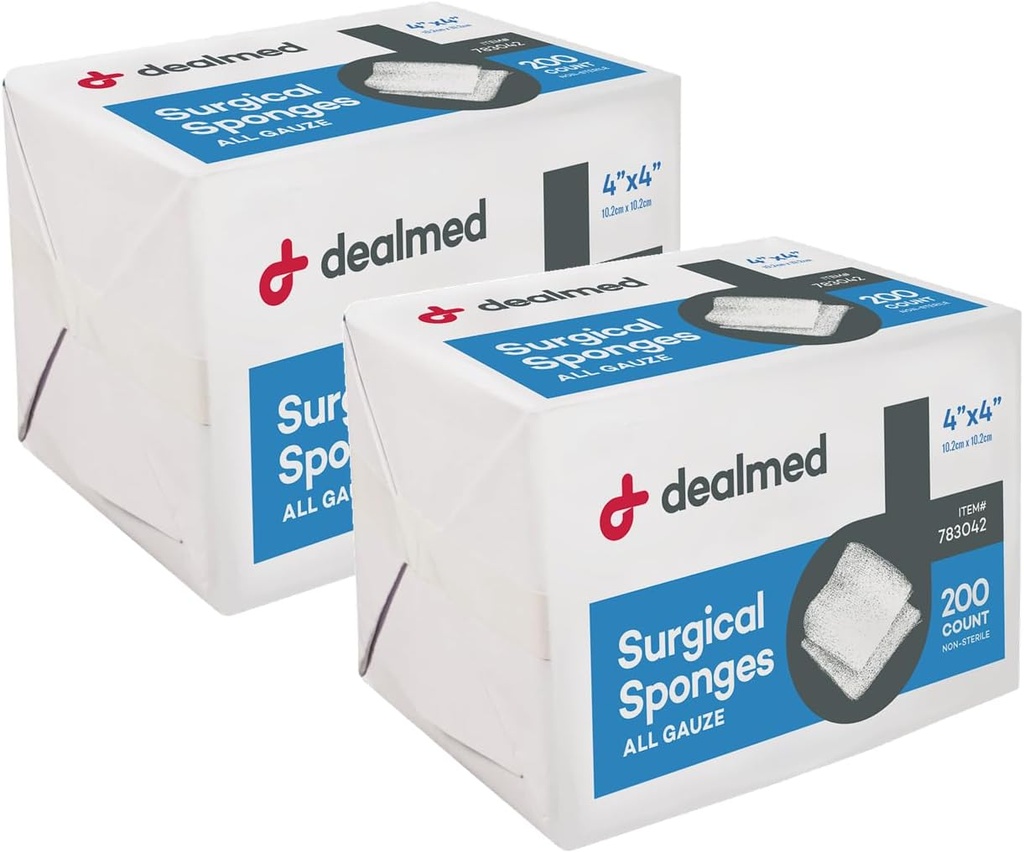 Dealmed 4" x 4" Surgical Sponges, 8-Ply, Non-Woven Absorbent Gauze Sponges for Wound Care, First Aid Kits and Medical Facilities, 200 Count (Pack of 2)