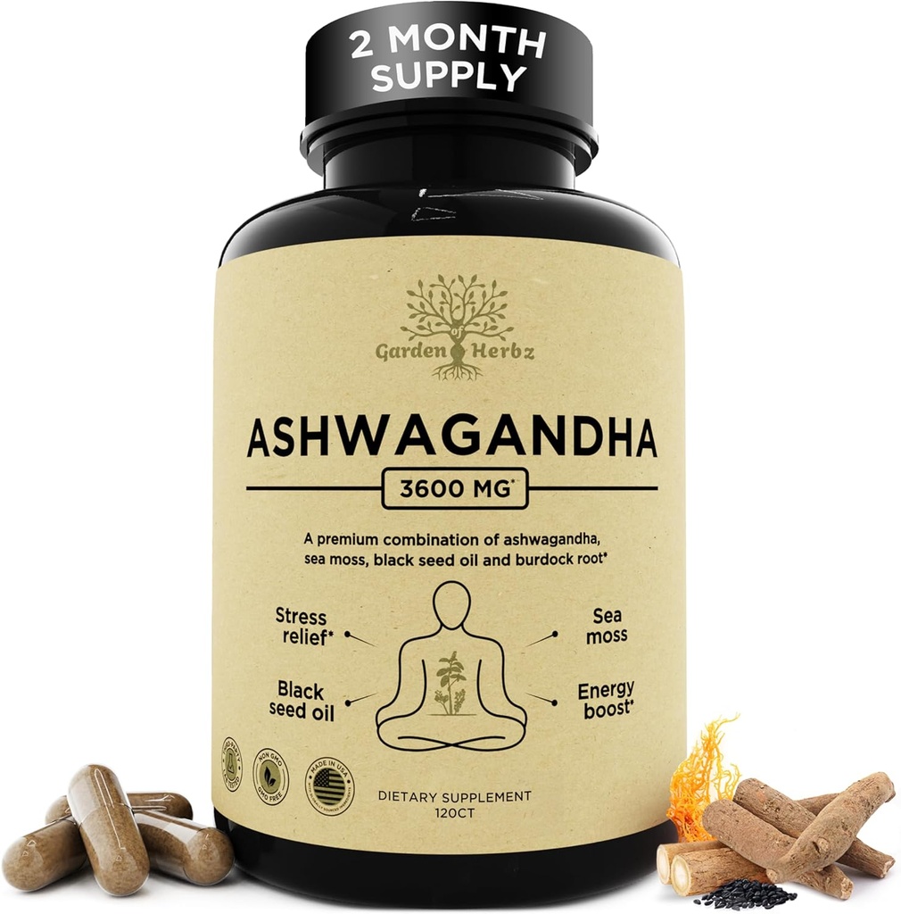 Organic Ashwagandha Root & Irish Sea Moss – 3,600 mg Ashwagandha Supplement with Black Seed Oil, & Burdock Root – Herbal Supplement for Energy, Calm, Mood, & Wellness, 120 Caps