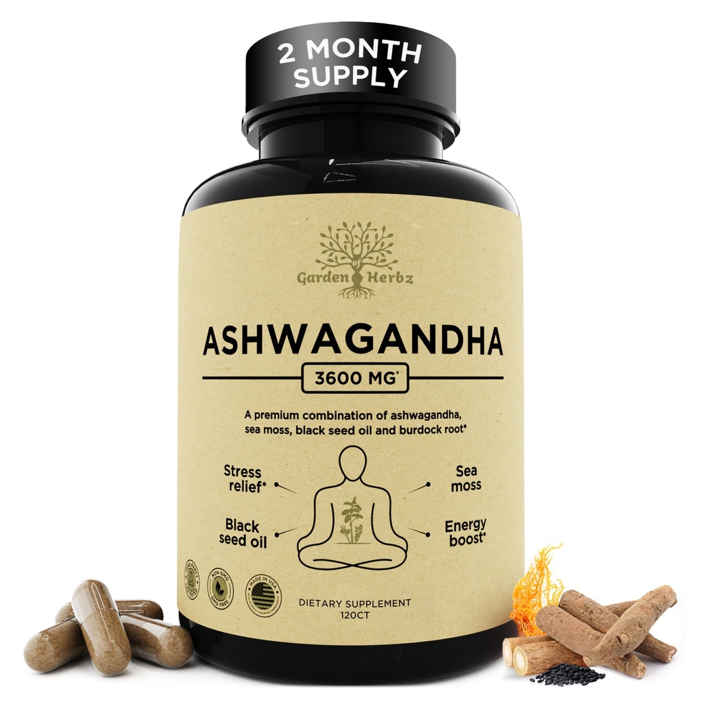 Organic Ashwagandha Root & Irish Sea Moss – 3.600 mg Ashwagandha συμπλήρωμα με μαύρο σπορέλαιο, & Burdock Root – φυτικό συμπλήρωμα για την ενέργεια, ηρεμία, διάθεση, & ευεξία, 120 Caps