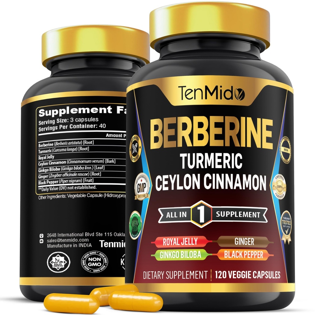 Συμπλήρωμα βερβερίνης - 7in1 Formula - Συνδυάστε με Turmeric, Royal Jelly, Ceylon Κανέλα, Ginkgo Biloba, Ginger & Black Pepper - Digestive Health, Immune Support - 120 Κάψουλες
