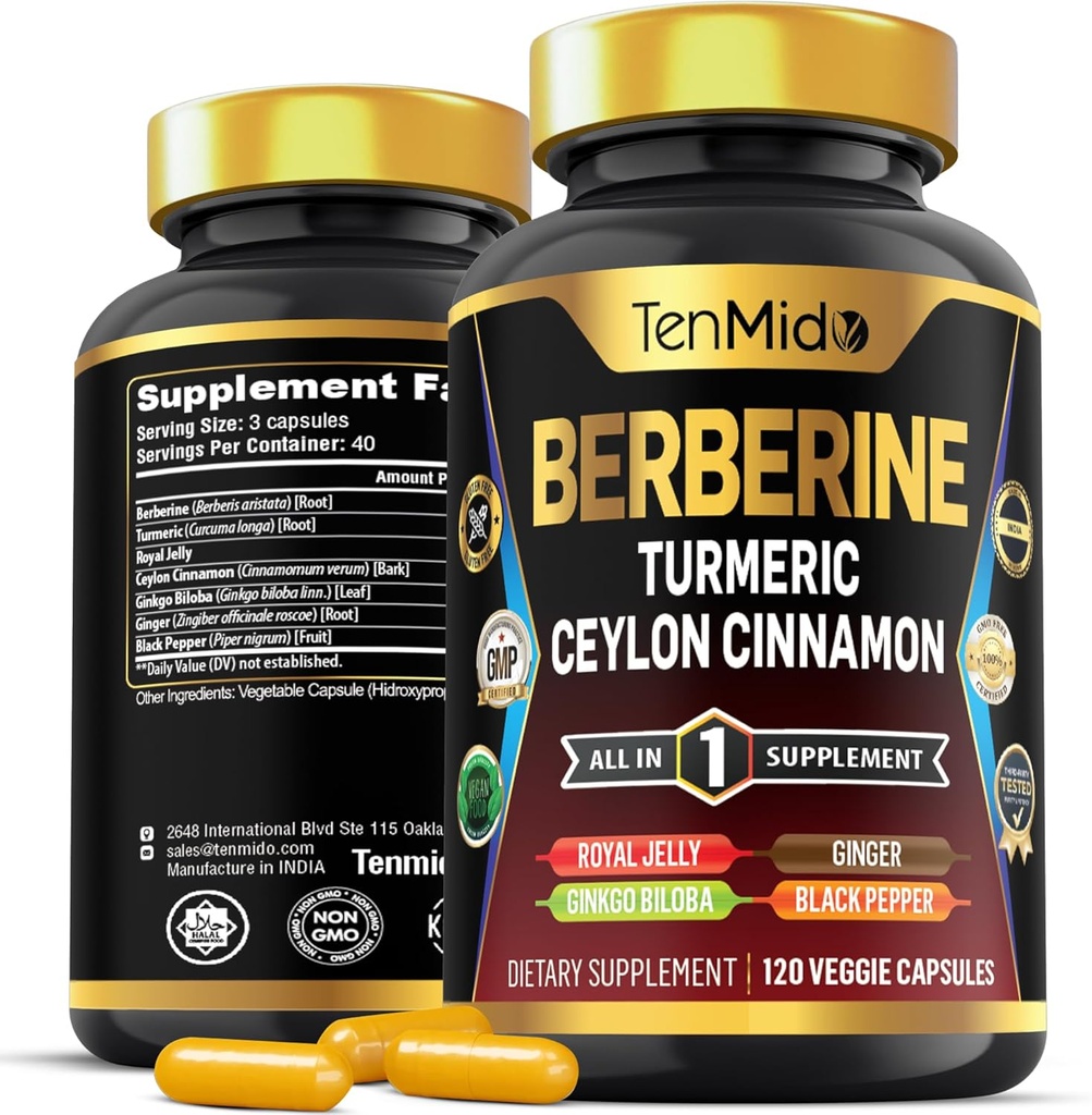 Συμπλήρωμα βερβερίνης - 7in1 Formula - Συνδυάστε με Turmeric, Royal Jelly, Ceylon Κανέλα, Ginkgo Biloba, Ginger & Black Pepper - Digestive Health, Immune Support - 120 Κάψουλες