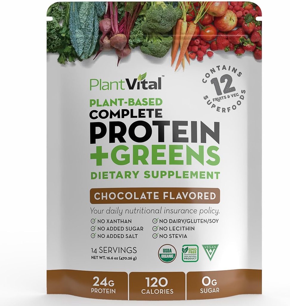 Plantvital Vegan Protein Powder Plant Based, Οργανική Πρωτεϊνική Σκόνη Σοκολάτα 24g/0g Ζάχαρη, 12 Superfoods, Veggies, Probiotics, Raw Cocoa, Kale, Beets, Spirulina, Pea, Gluten-free, Keto-Friendly,16oz