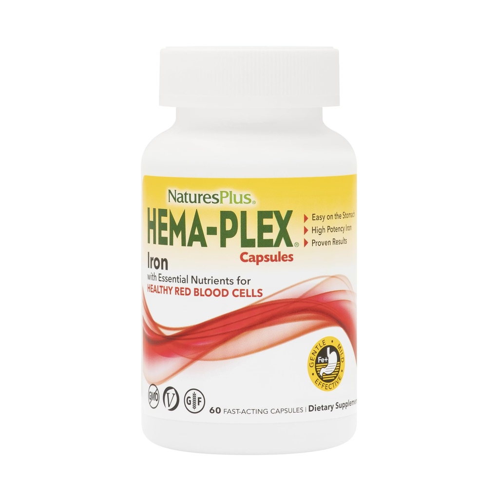 NaturesPlus Hema-Plex Iron - 60 Κάψουλες ταχείας δράσης - 85 mg Χηλικός σίδηρος + Βιταμίνη C & Βιοφλαβονοειδή για υγιή ερυθρά αιμοσφαίρια - Vegan, Χωρίς γλουτένη - 30 Σερβιέτες