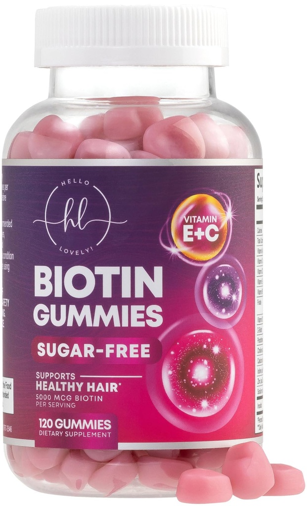 Βιταμίνες μαλλιών Gummy με Biotin 5000 mcg - Hair Growth Support with Vitamins E & C for Thicker, Stronger & Beautiful Hair Skin and Nails Vitamin for Women, Non-GMO, Gluten Free - 120 Gummies