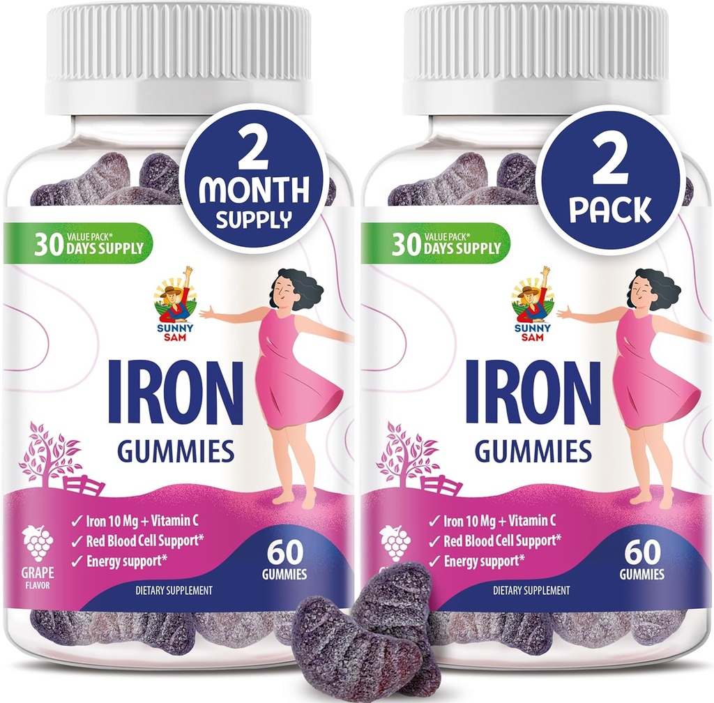 SUNNY SAM Iron Gummies for Kids & Adults - Σιδήρου Βιταμίνες με βιταμίνη C, 10mg ανά Σερβίρισμα - Μασώμενα Φρούτα Gummy για την Ανοσοποιητική Υποστήριξη Red Blood Cell Production