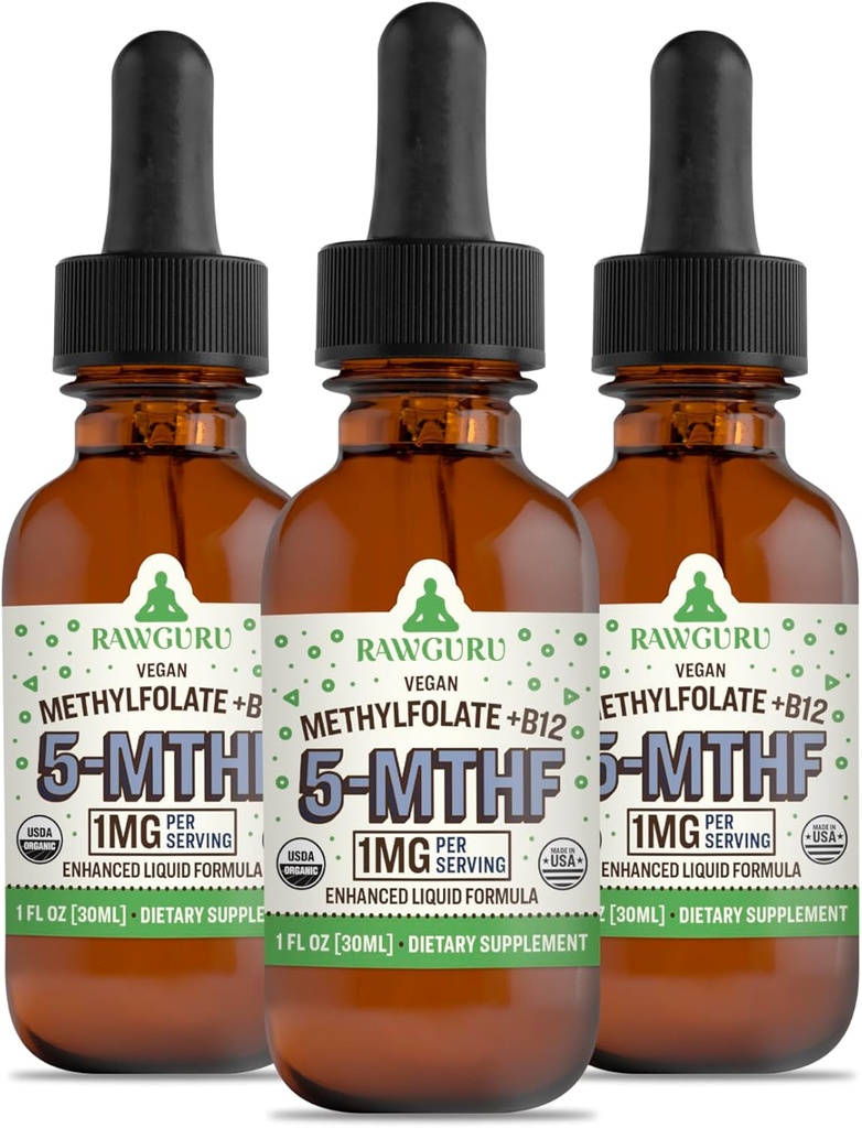 RawGuru Methylfolate 1mg+ Βιταμίνη B12 - Βιολογικό Vegan methylated B12 with Trace Minerals - Nano-Processed & Enhanced Liquid Formula - 300 Μερίδες Vegan ανά 30 ml, Συσκευασία των 3