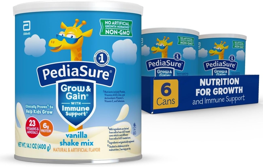 PediaSure Grow & Gain with Immune Support Shake Mix Powder, 23 Vitamins & Minerals, 6g Protein, Non-GMO, Gluten-Free, Kids Nutrition, Vanilla, 14.1 oz Can, Pack of 6-48 servings